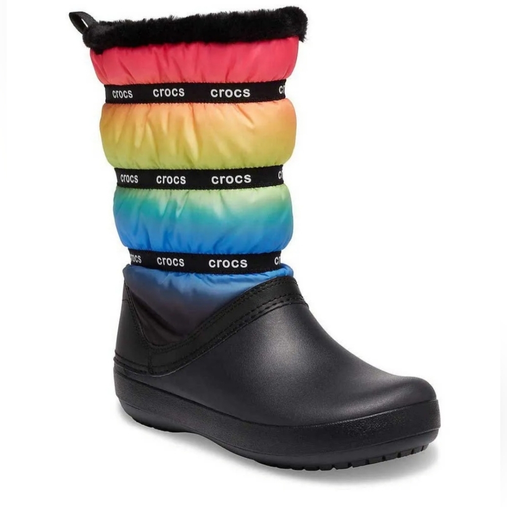 CROCS Women's Rainbow Puffer Winter Rain Boots with Black Bottom